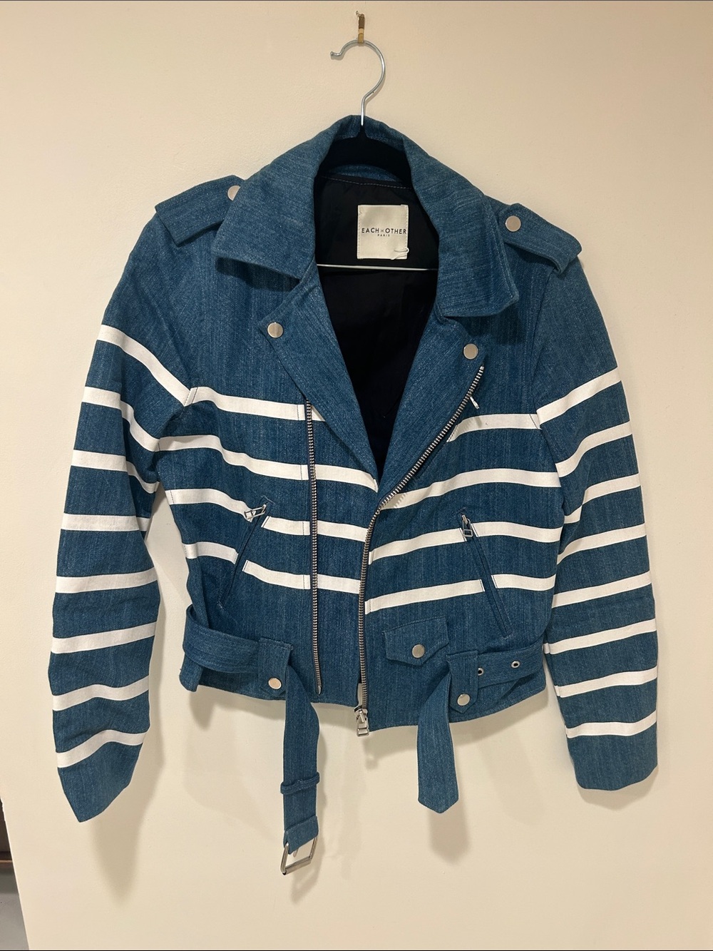 Each x Other Blue Striped Denim Biker Jacket